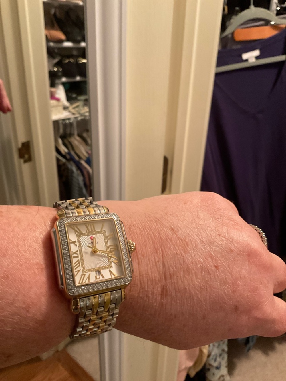 Michele Two-Tone Gold and Silver Diamond Bezel Square Watch with Red Crown - Picture 5 of 10